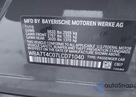 2020 BMW 740I xDrive from USA, damaged, VIN WBA7T4C07LCD71040